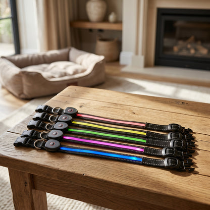 Five unlooped, flat LED dog collars illuminated in different colors (blue, purple, green, yellow, pink) arranged on a wooden table, with a dog bed and fireplace in the background.