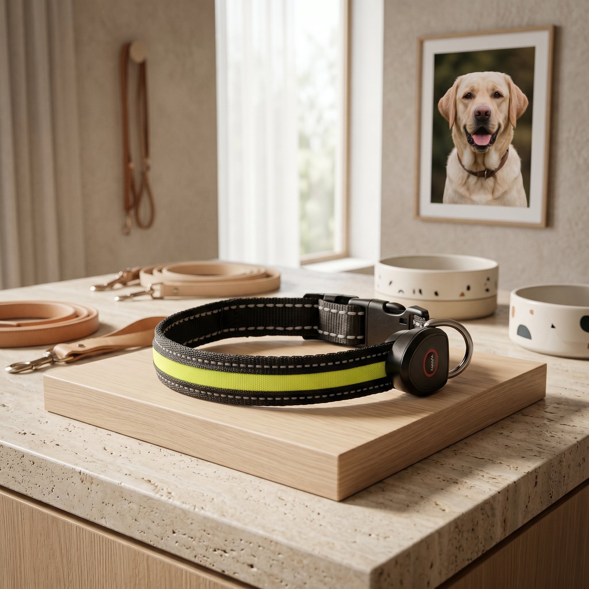 A black dog collar with a bright yellow reflective strip displayed on a light wooden block on a kitchen counter, with pet bowls and leashes in the background.