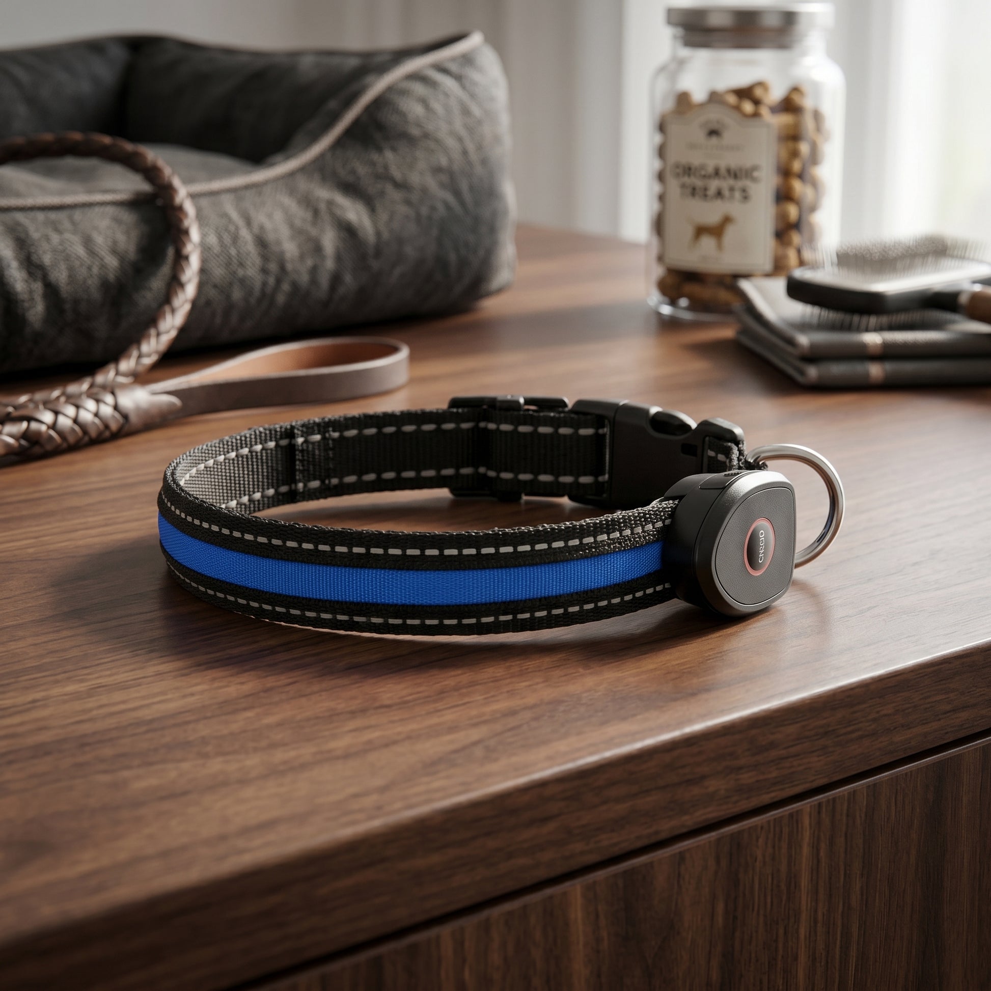 A black and blue dog collar with a reflective strip displayed on a wooden cabinet next to a jar of organic treats.
