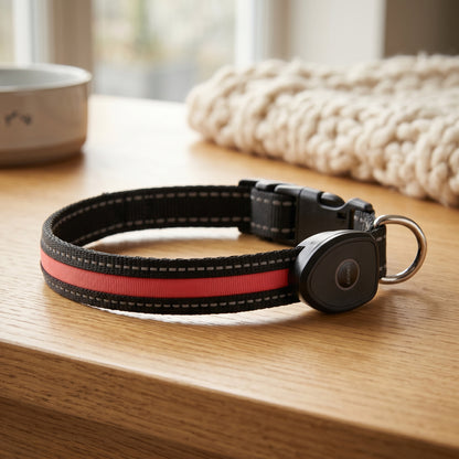 A black dog collar with a red stripe displayed on a light wooden table next to a pet bowl and a beige knitted blanket.