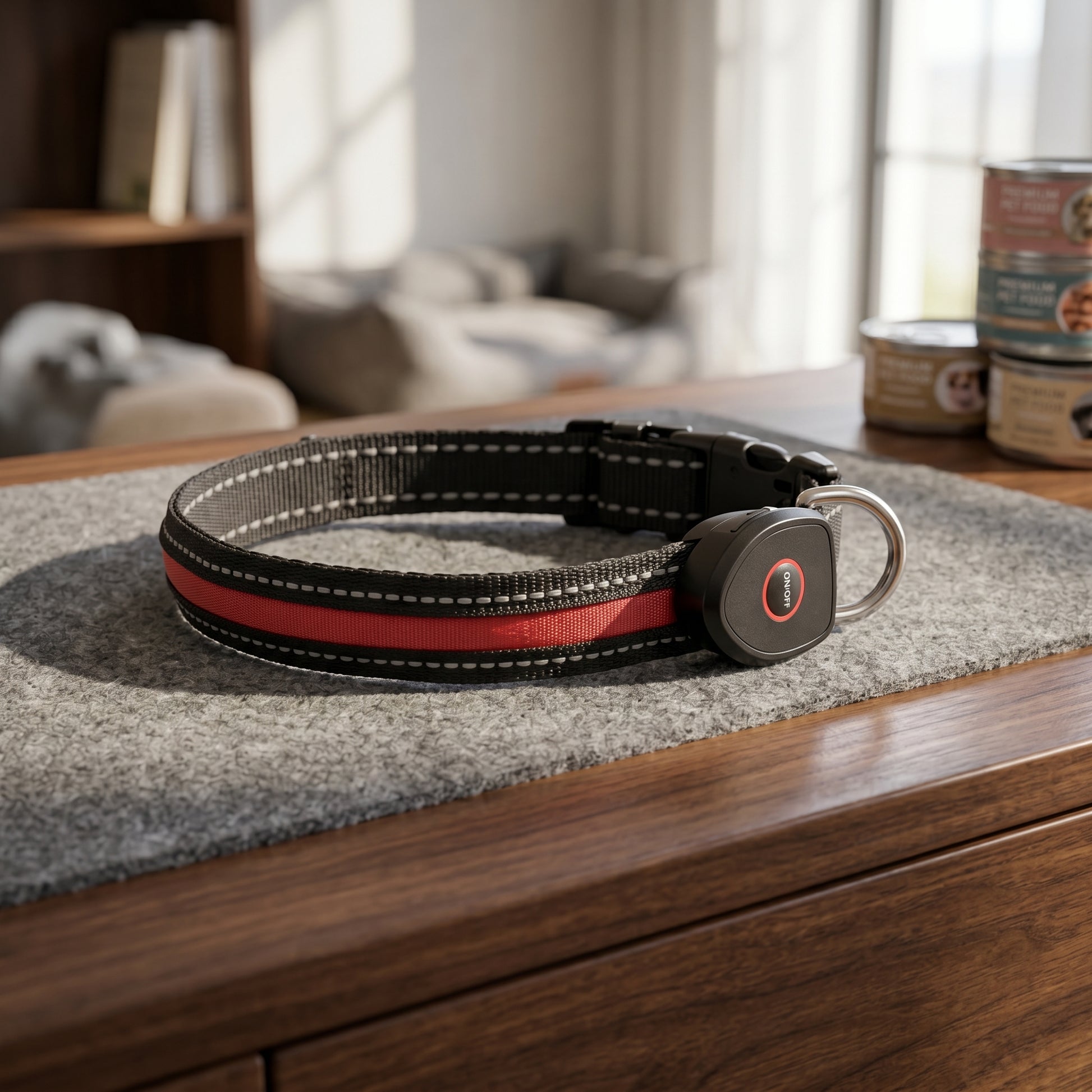 A black dog collar with a red reflective strip displayed on a grey felt mat over a wooden table, with dog food cans in the background.
