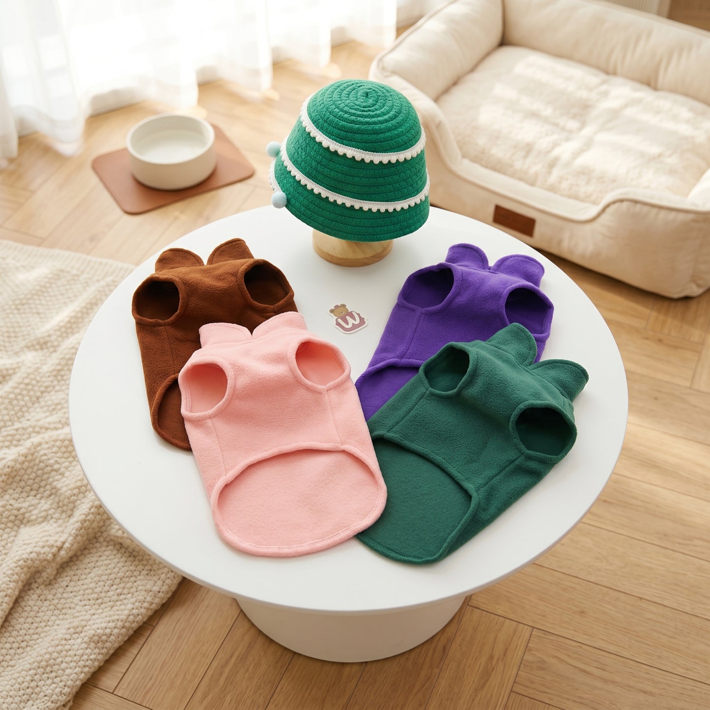 Four plush fleece dog sweaters in brown, pink, purple, and green with hood ears, arranged on a small round white table with a green knit hat.