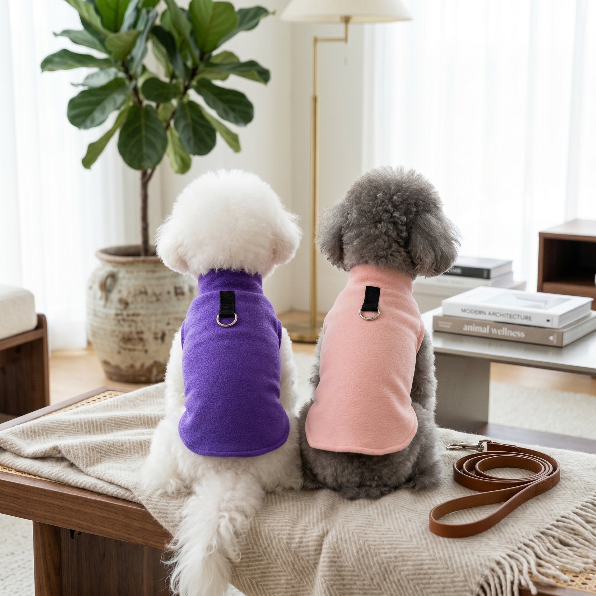 White Poodle and grey Poodle seen from behind wearing purple and pink fleece sweaters, sitting on a bench with a leash.