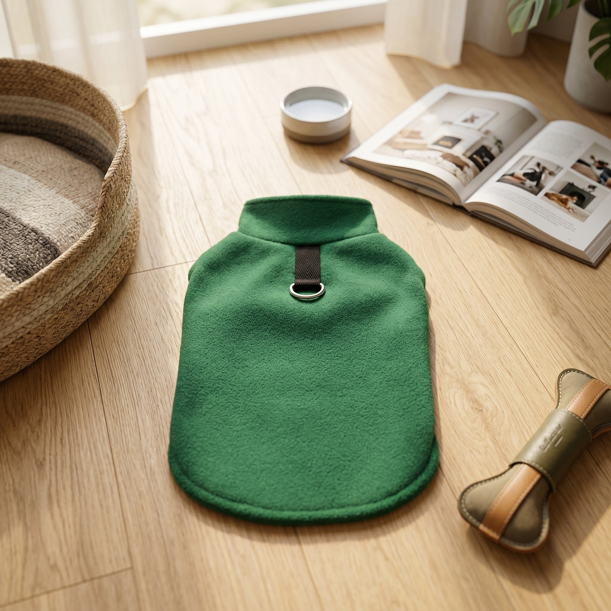 Green fleece dog sweater displayed on a wooden floor next to a dog bed, a book, and a dog treat toy.