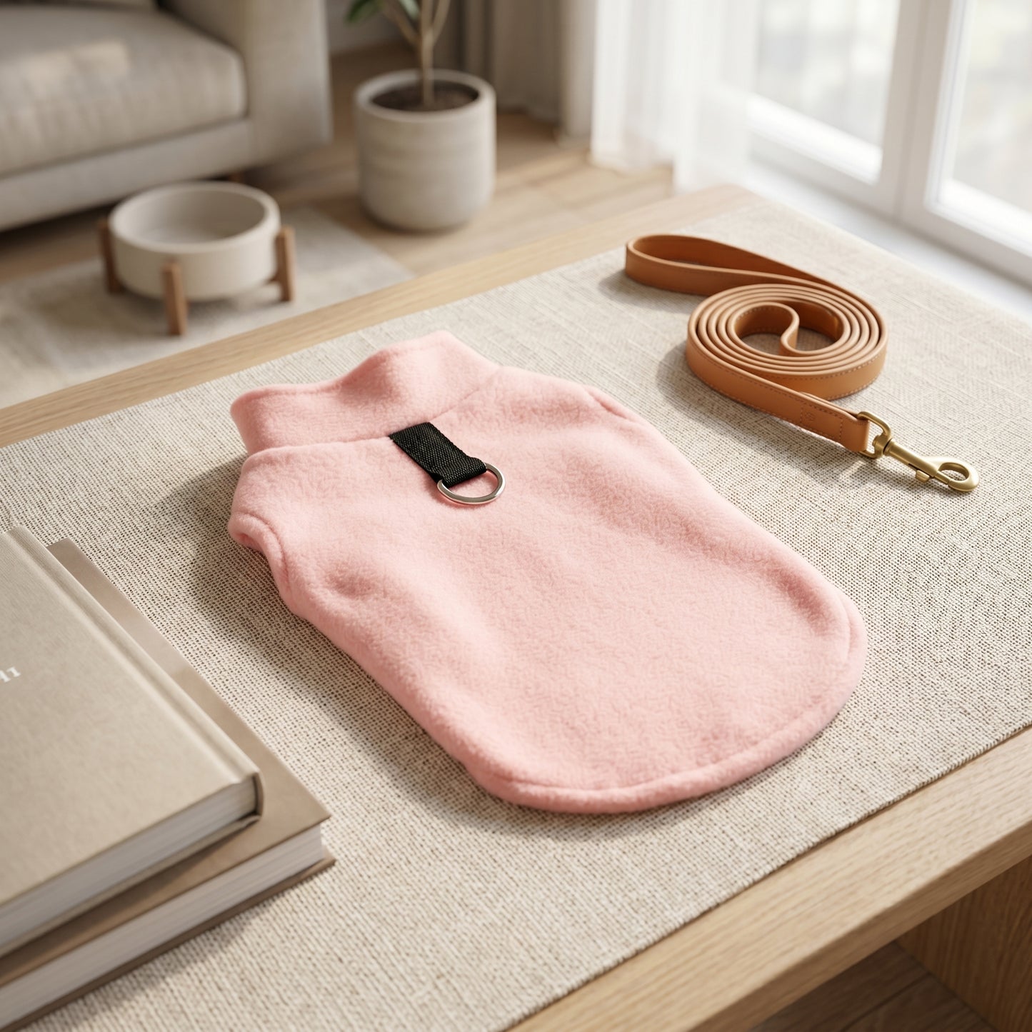 Simple pink fleece dog sweater with a leash attachment D-ring, displayed on a textured beige surface with a matching leash.