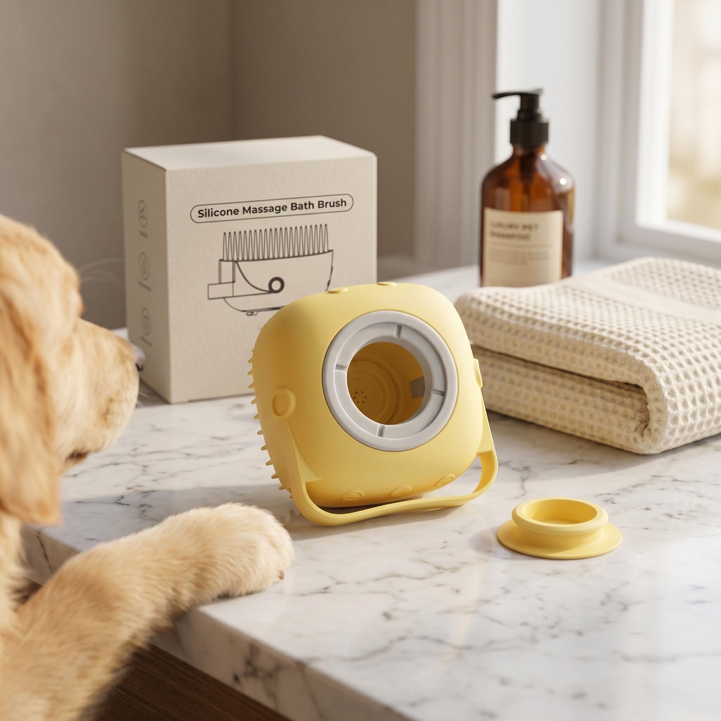 A yellow BathFlow silicone grooming brush resting on a marble counter next to its packaging, with a curious Golden Retriever watching in the foreground."