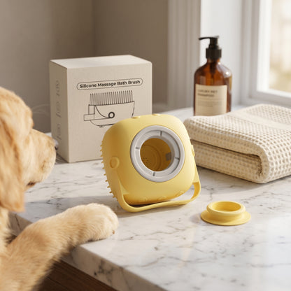 A yellow BathFlow silicone grooming brush resting on a marble counter next to its packaging, with a curious Golden Retriever watching in the foreground."