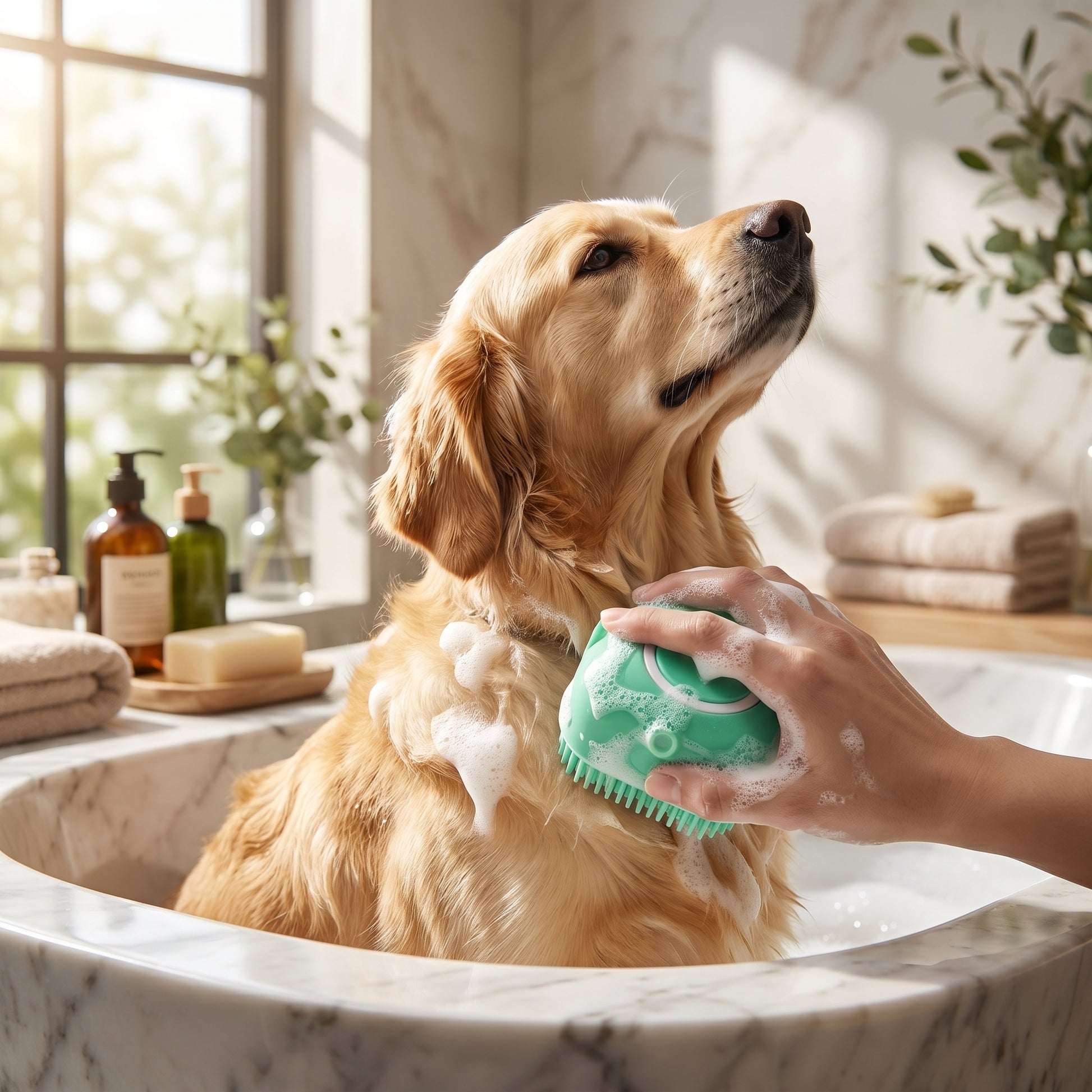 A person using a teal BathFlow silicone grooming brush to gently scrub a Golden Retriever during bath time in a tub.