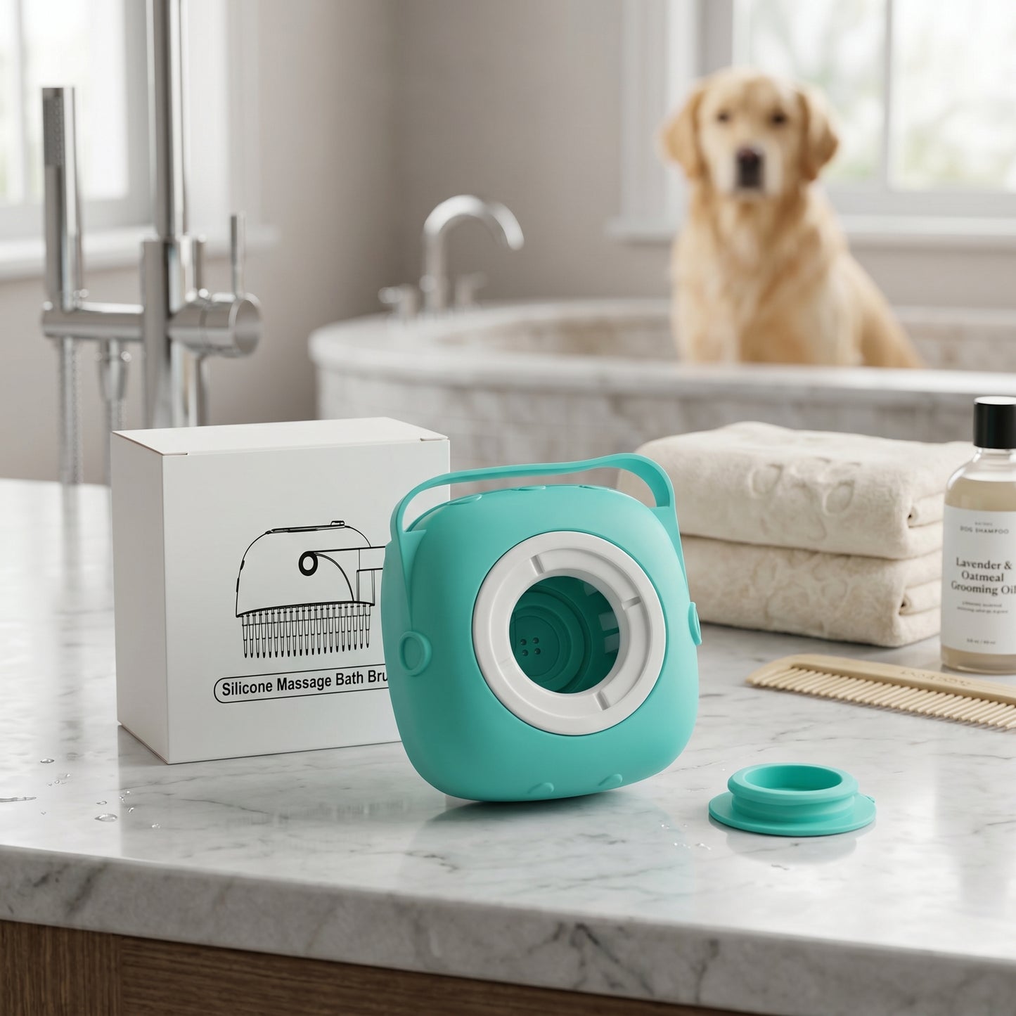 A green BathFlow silicone grooming brush resting on a marble counter next to its packaging, with a curious Golden Retriever watching in the foreground."