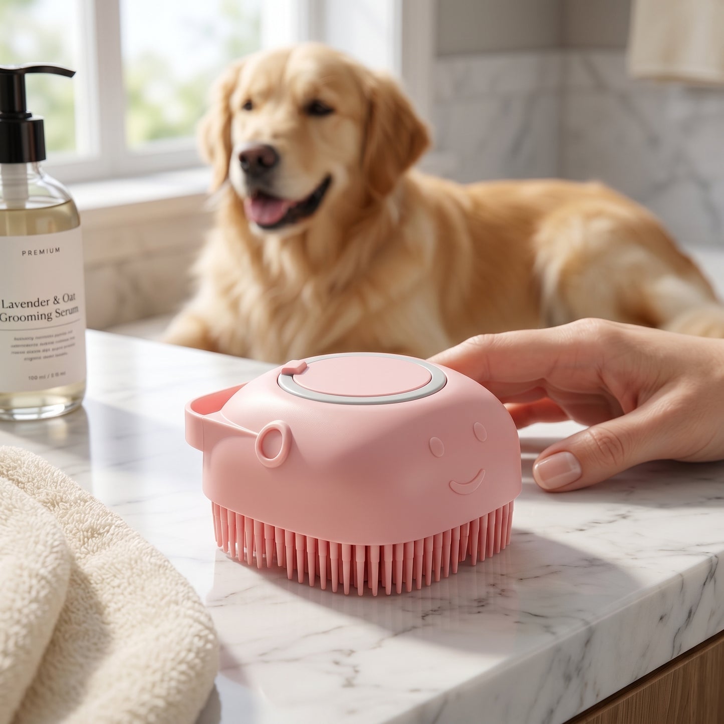 A pink BathFlow silicone grooming brush on a marble counter, with a blurred Golden Retriever in the background.