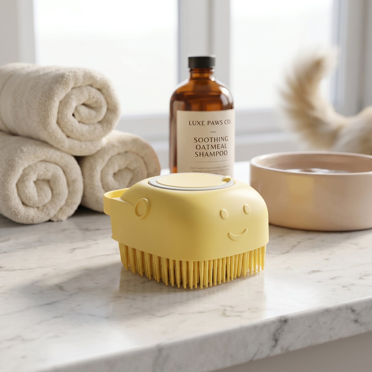 A yellow BathFlow silicone grooming brush next to a bottle of soothing oatmeal shampoo and rolled towels on a marble counter.