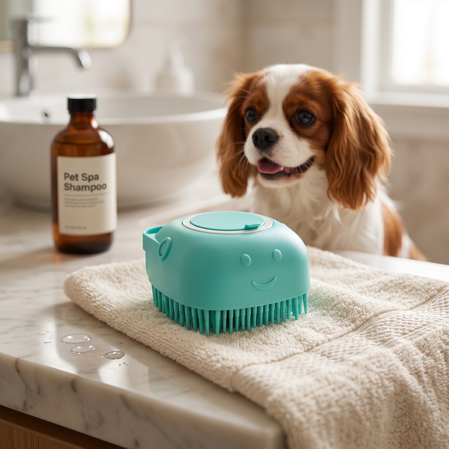 A teal BathFlow silicone grooming brush sitting on a folded towel on a marble counter, with a dog in the background.