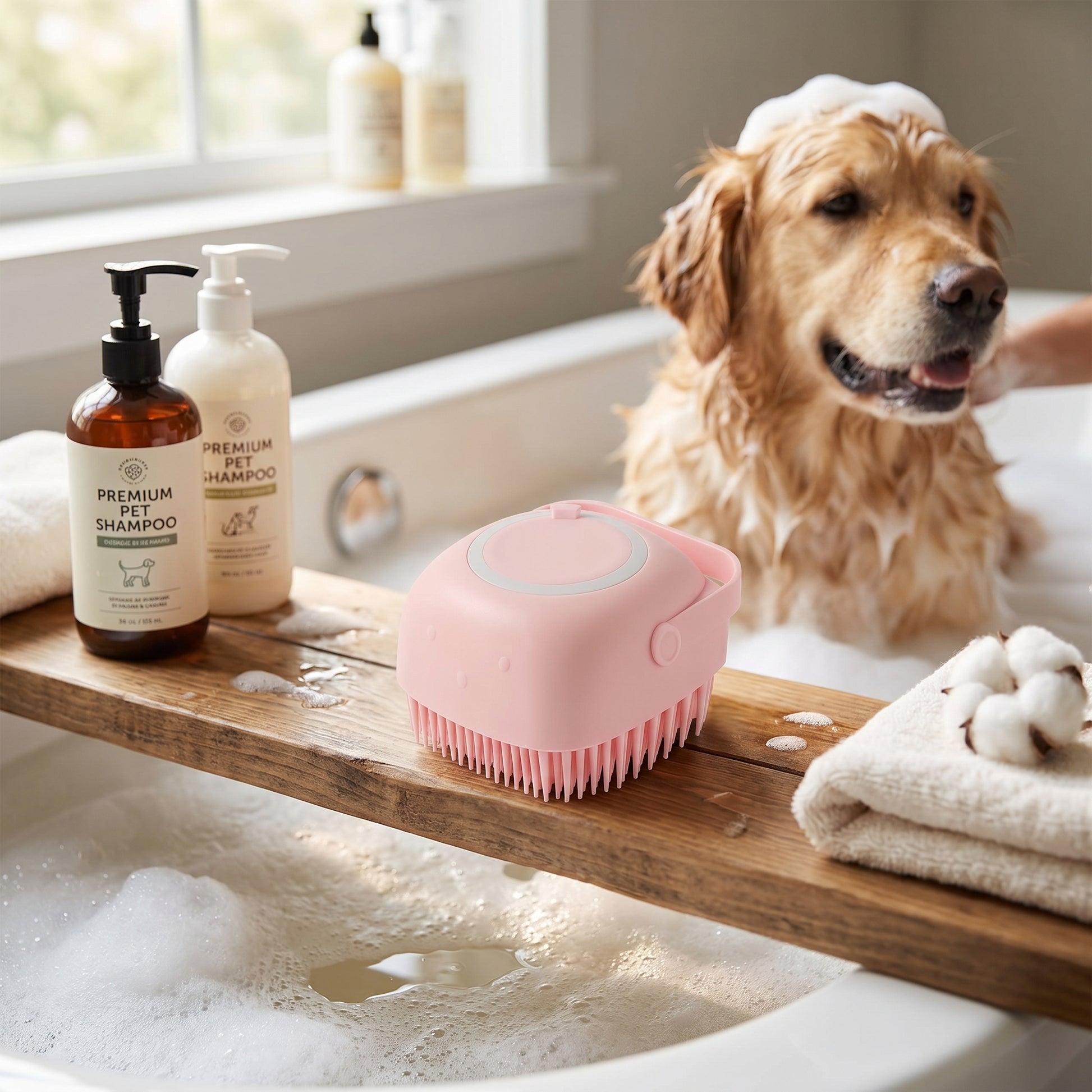 A pink BathFlow silicone grooming brush on a wooden bath tray with shampoo bottles, with a dog in a bathtub filled with bubbles.