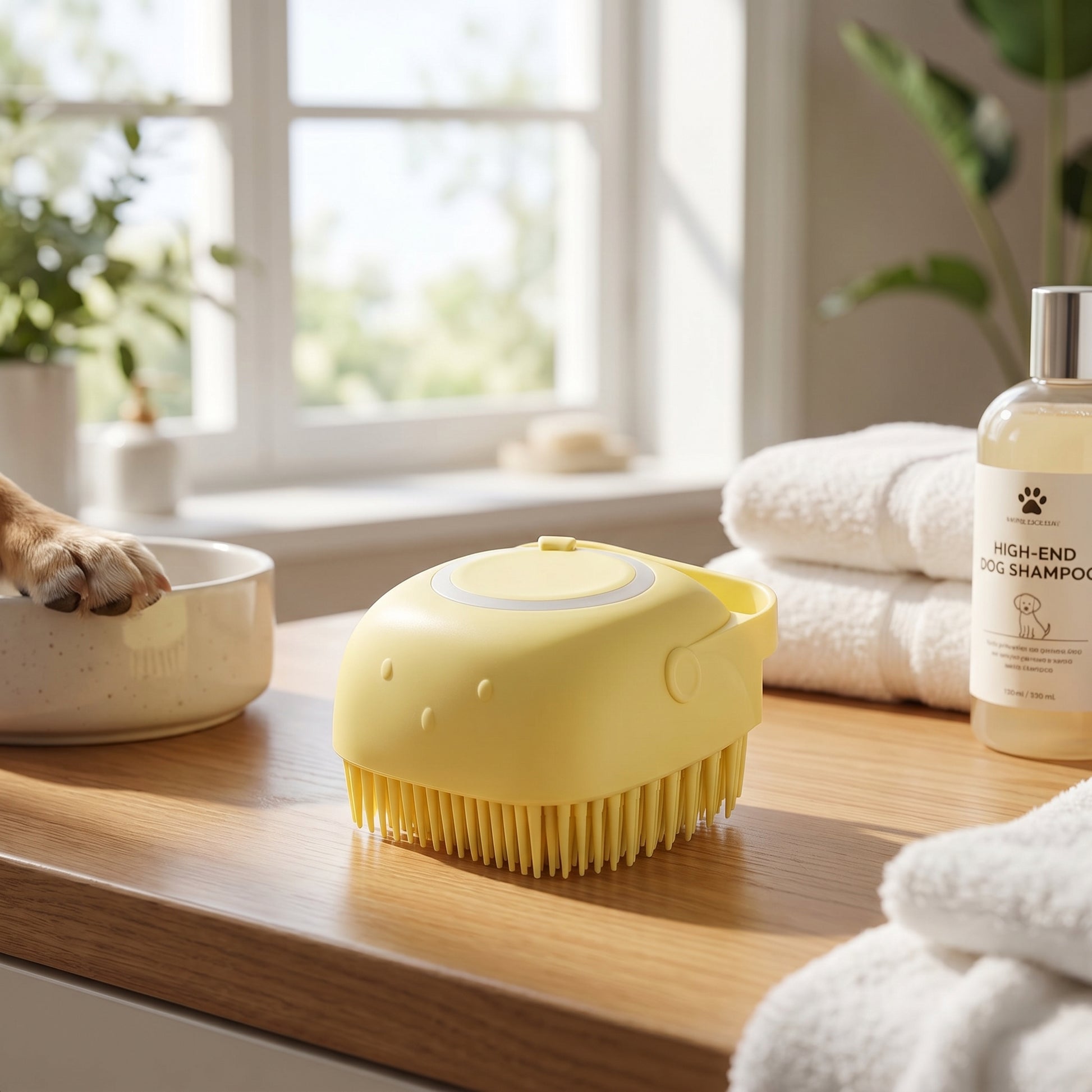A yellow BathFlow silicone grooming brush placed on a marble counter next to a bottle of dog shampoo.