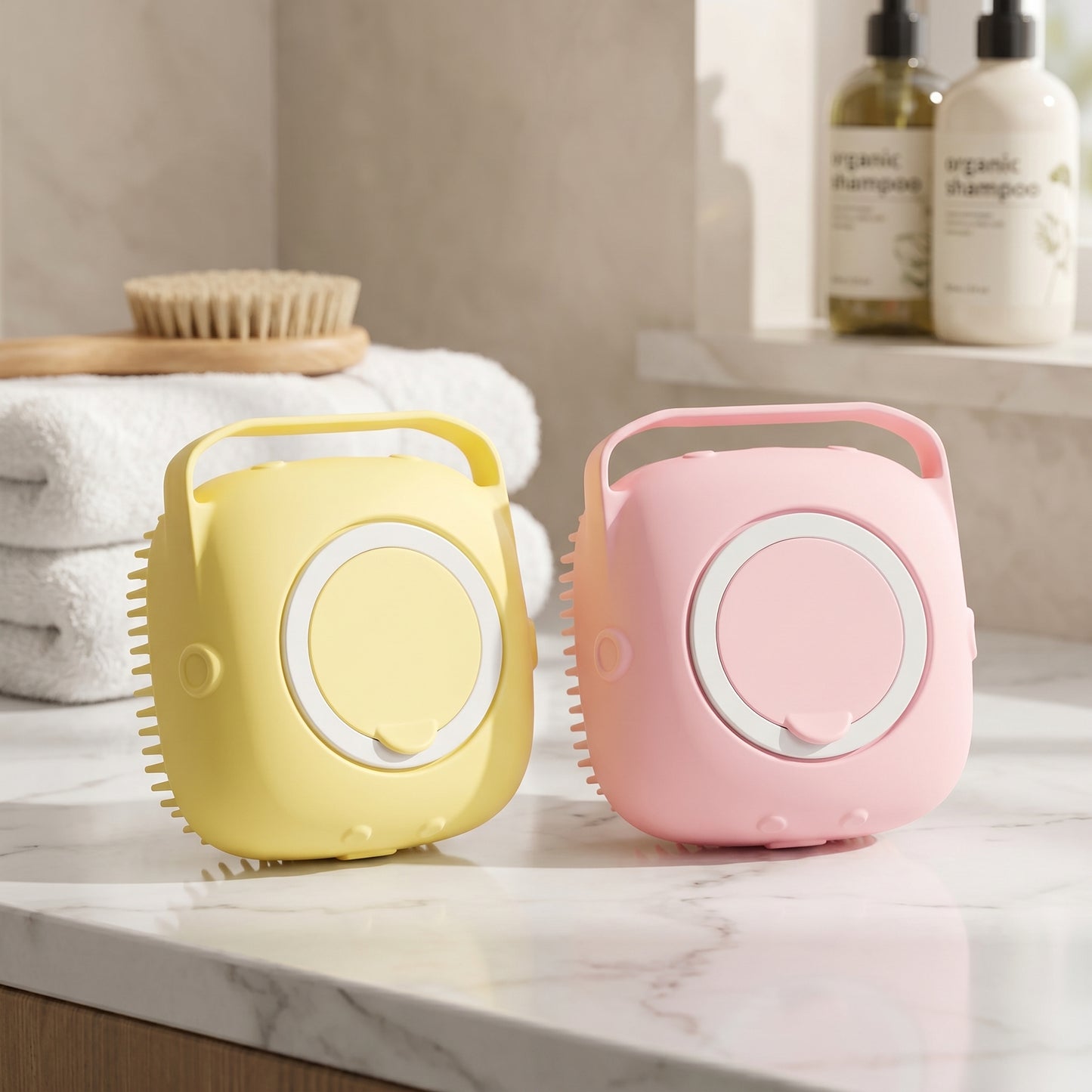 Yellow and pink BathFlow silicone grooming brushes displayed with premium dog shampoo bottles on a marble counter