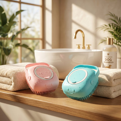 Pink and teal BathFlow silicone grooming brushes arranged on a soft towel next to a bathroom sink and dog shampoo bottle.