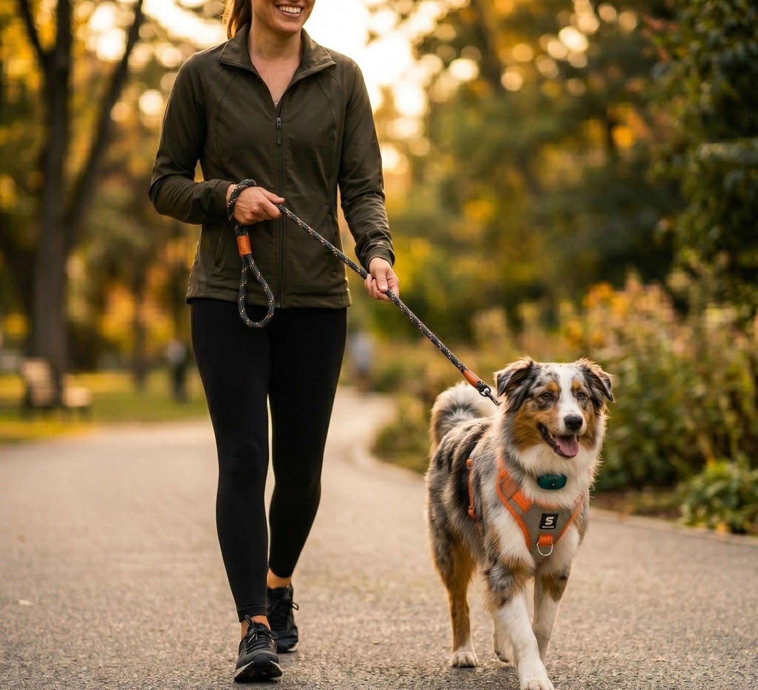 A medium-sized dog walking calmly beside its owner in an urban park during golden hour, wearing a premium reflective harness and attached to a durable leash, with subtle smart safety and visibility elements integrated into the gear, captured in ultra-realistic commercial photography with cinematic lighting, shallow depth of field, and a clean modern lifestyle aesthetic, composition placing the subject on the right with soft blurred background and negative space on the left for text overlay, conveying a safe
