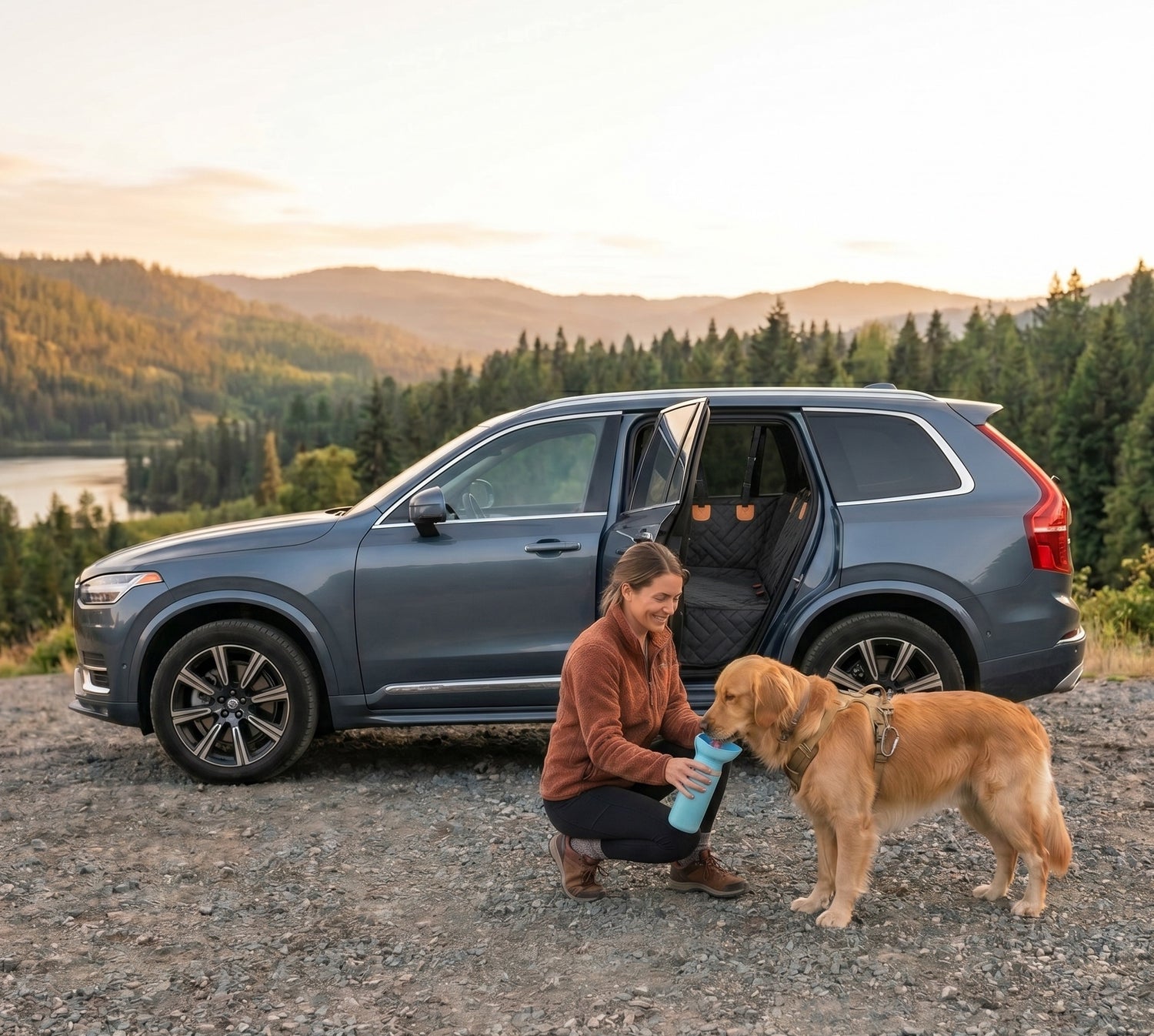 A happy dog drinking water from a premium portable HydroGo bottle beside a modern SUV during a golden hour road trip, with its owner nearby and subtle car travel safety accessories visible inside the vehicle, set in a scenic outdoor location with cinematic lighting, shallow depth of field, and a clean composition with negative space on the left for text overlay, conveying a premium, safe, and adventurous travel lifestyle.