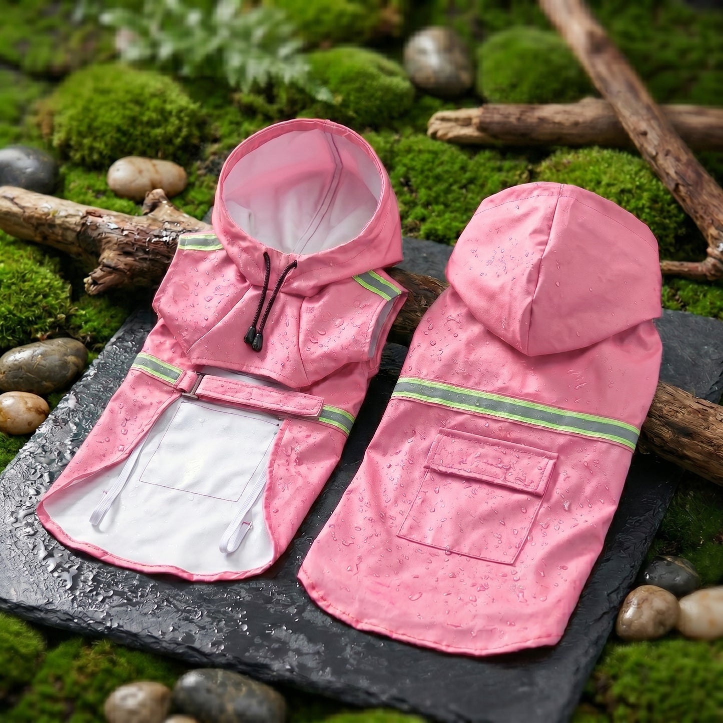 Pink waterproof dog raincoats with reflective strips and hoods, displayed on a natural mossy surface with branches.