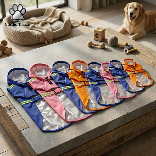 A selection of colourful, waterproof dog raincoats with reflective strips, neatly arranged on a wooden floor.