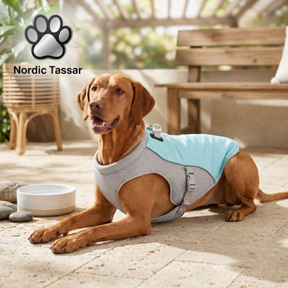 A brown short-haired dog lying down on a stone patio wearing a light blue and grey "Arctic Breeze Cooling Vest", with a water bowl nearby and a Nordic Tassar logo in the corner.
