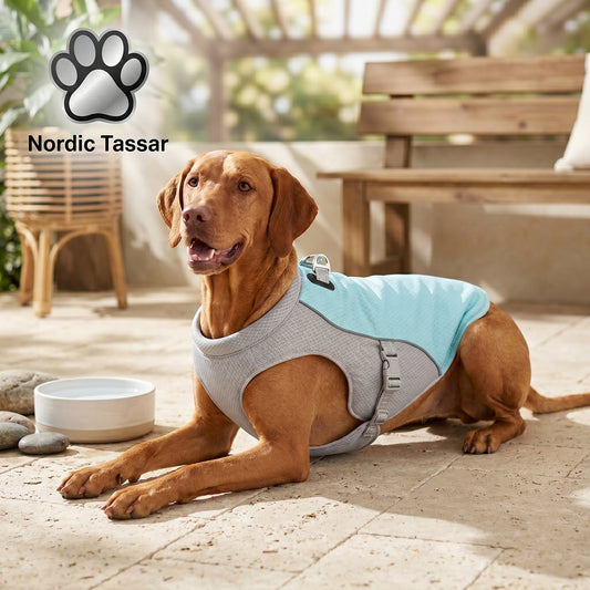 A brown short-haired dog lying down on a stone patio wearing a light blue and grey "Arctic Breeze Cooling Vest", with a water bowl nearby and a Nordic Tassar logo in the corner.