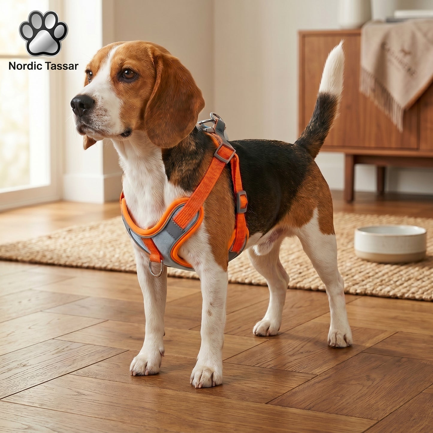 Reflex Duo orange and grey anti-breakaway dog harness with integrated reflective strips worn by a standing dog.