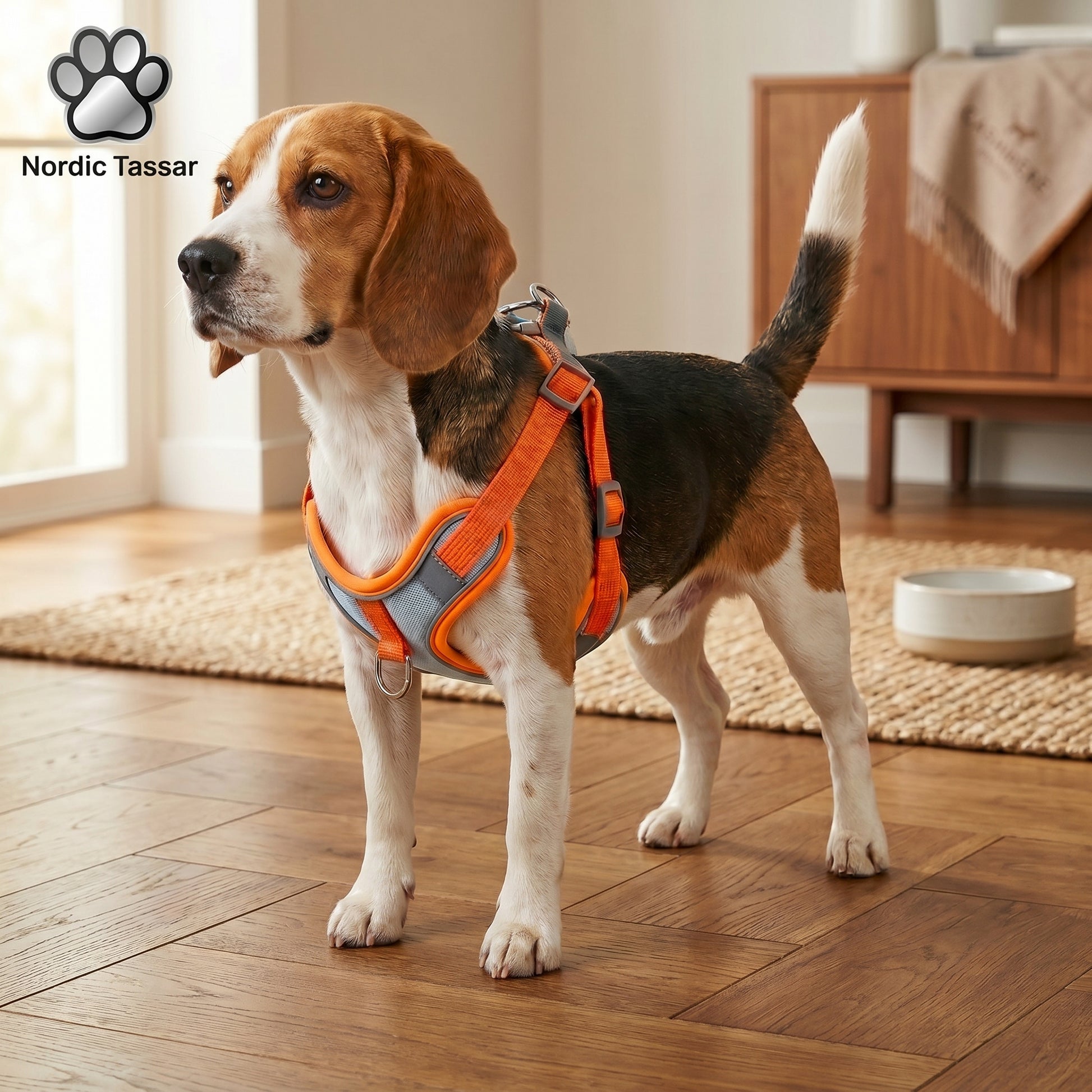 Reflex Duo orange and grey anti-breakaway dog harness with integrated reflective strips worn by a standing dog.