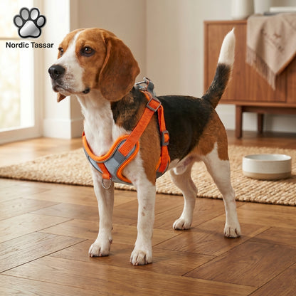 Reflex Duo orange and grey anti-breakaway dog harness with integrated reflective strips worn by a standing dog.