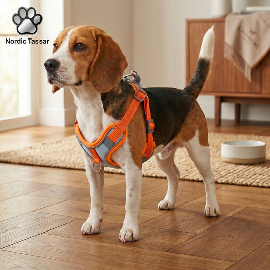Reflex Duo orange and grey anti-breakaway dog harness with integrated reflective strips worn by a standing dog.