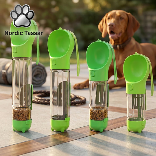 Four green Nordic Hydration 3-in-1 portable adventure bottles of varying sizes displayed with a dog in the background.