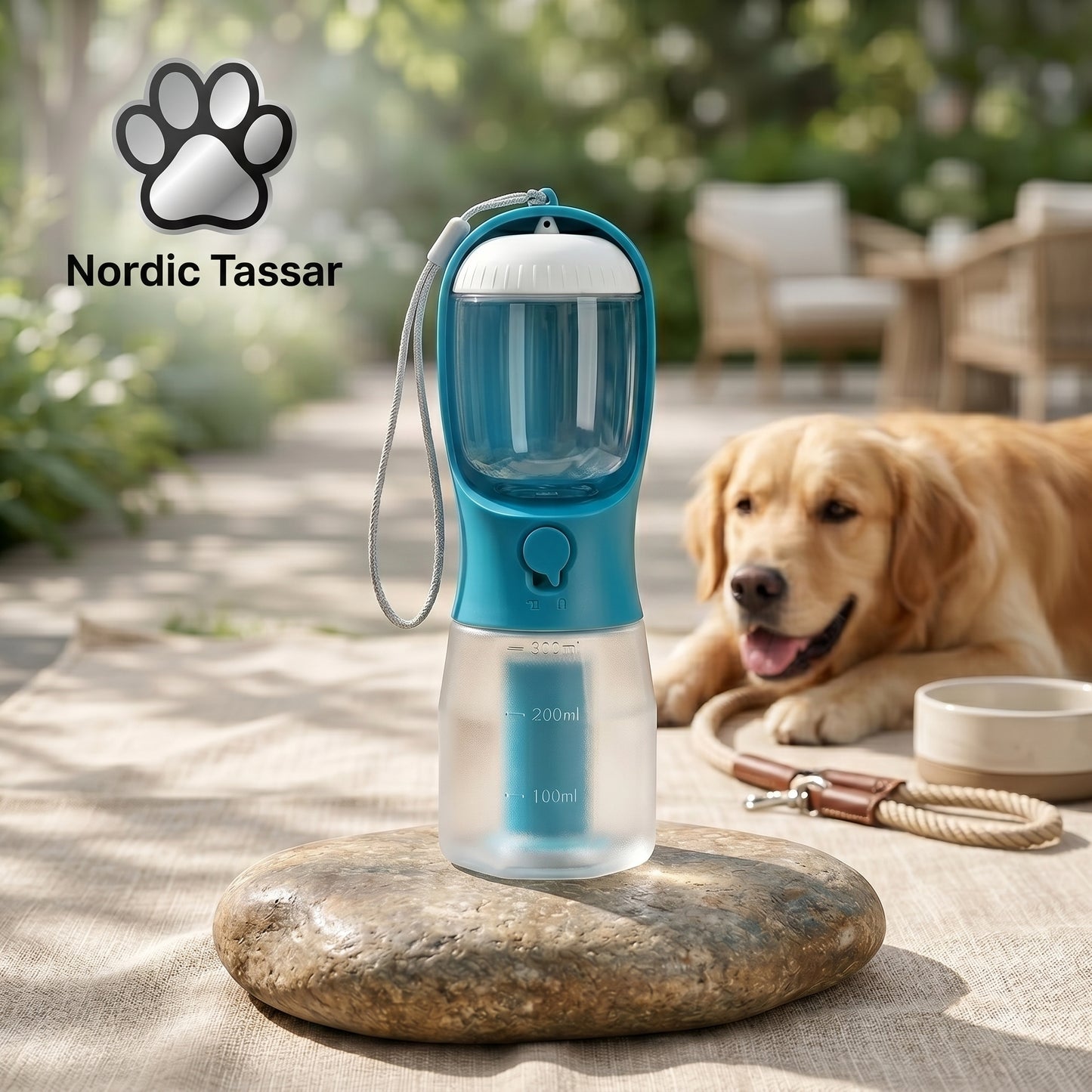Teal HydroGo 3-in-1 portable adventure bottle for dogs placed on a stone in front of a golden retriever.