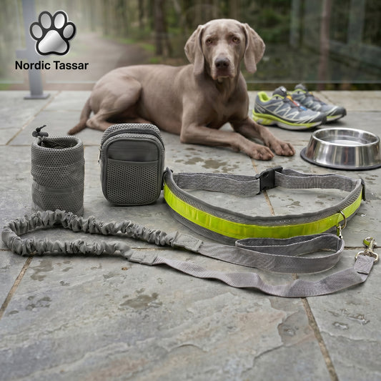 Grey Nordic Stride hands-free shockproof running belt, accessories, and a metal food bowl arranged next to a lying dog.