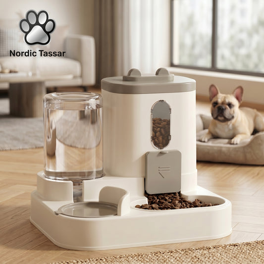Side view of the Nordic Siphon 2-in-1 automatic feeder and waterer, showcasing the sleek, space-saving design in a modern home interior.