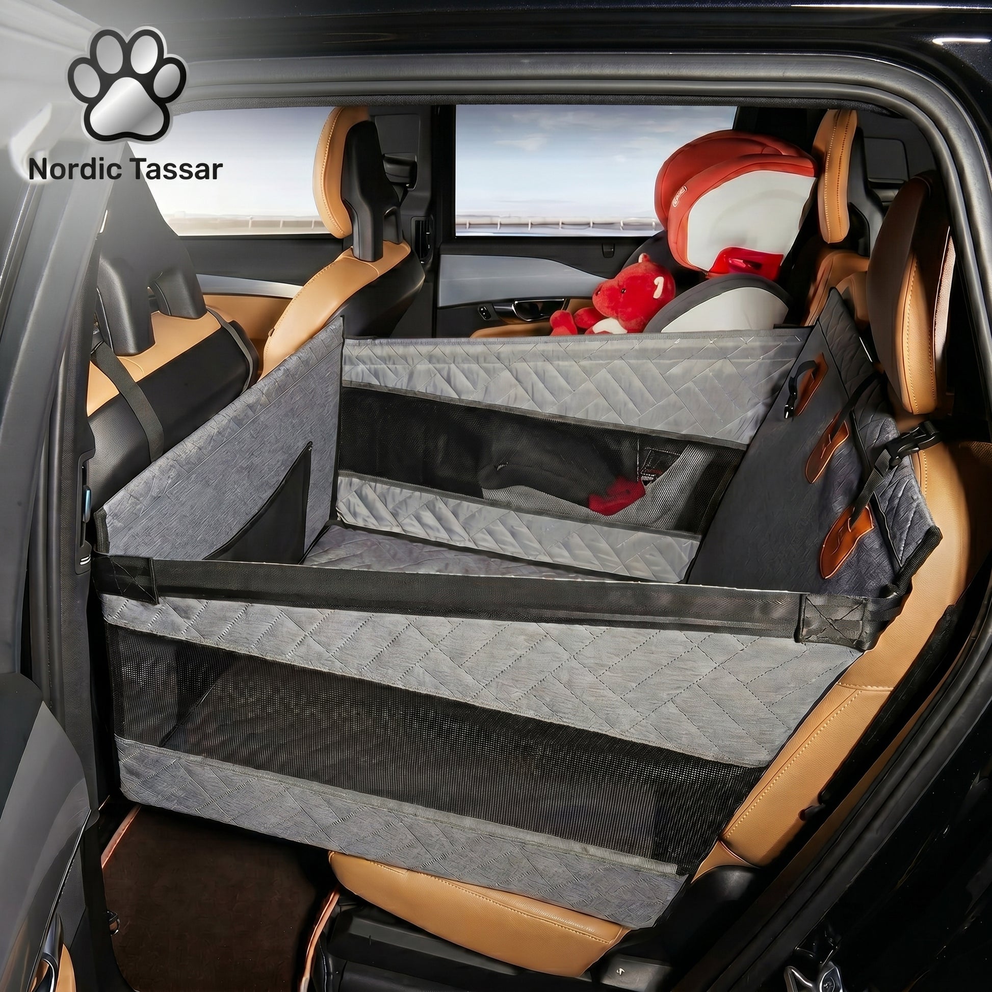 Nordic Cloud waterproof travel bed and seat protector installed in a car back seat, showing comfort and protection.