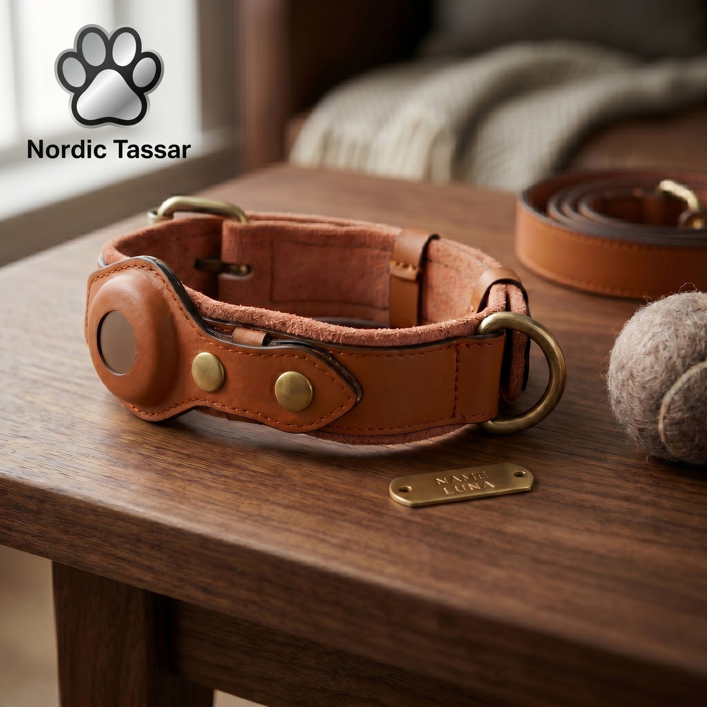 Premium genuine leather Nordic Guardian dog collar with integrated AirTag holder displayed on a rustic wooden table.