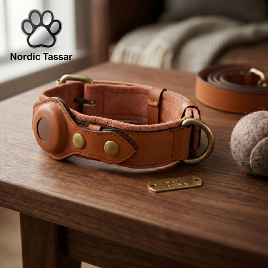 Premium genuine leather Nordic Guardian dog collar with integrated AirTag holder displayed on a rustic wooden table.
