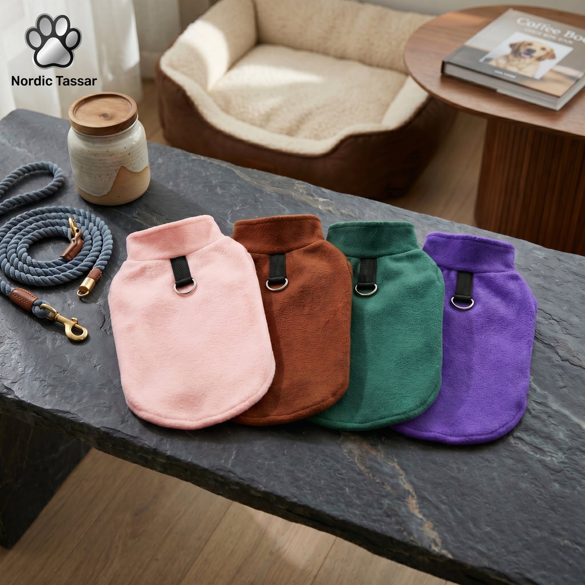 Selection of four plush dog sweaters in pink, brown, green, and purple, arranged on a dark stone table next to a blue dog leash and a dog bed.
