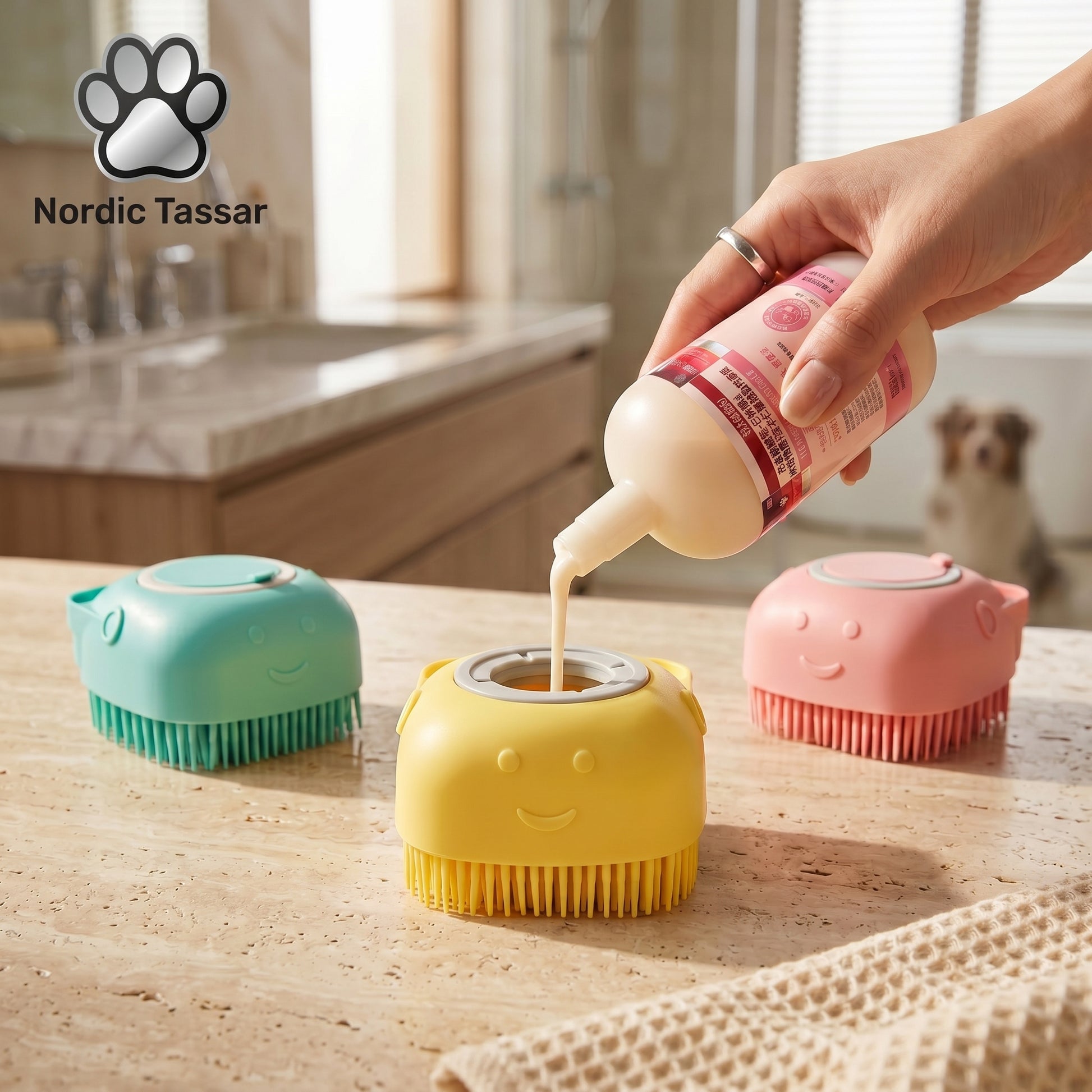 A person pouring shampoo into a yellow BathFlow silicone grooming brush. Teal and pink brushes are displayed on the table.