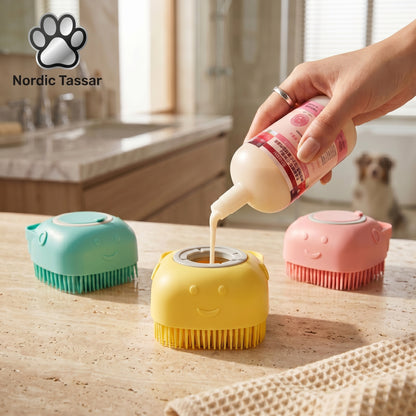 A person pouring shampoo into a yellow BathFlow silicone grooming brush. Teal and pink brushes are displayed on the table.
