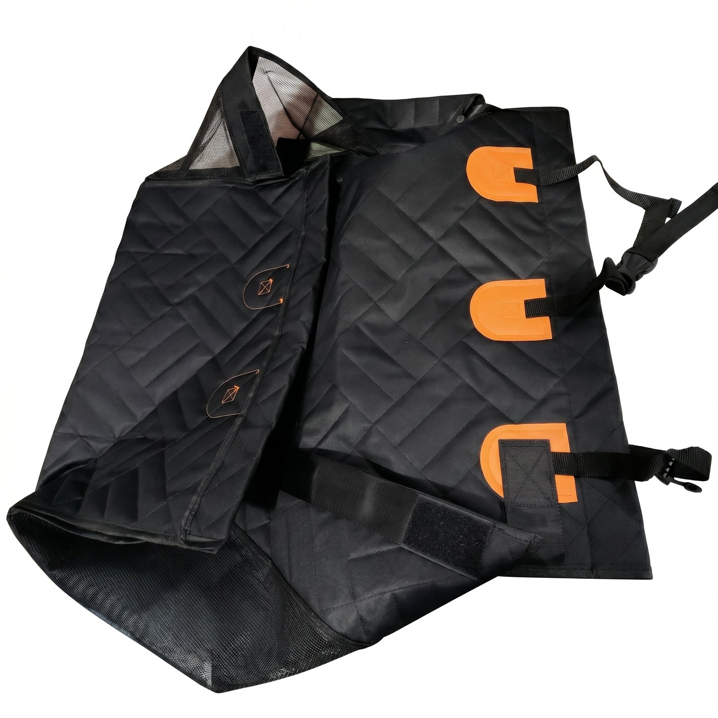 View of the Nordic Cloud waterproof travel bed folded or partially assembled, showing the durable quilted black fabric and orange accent straps.