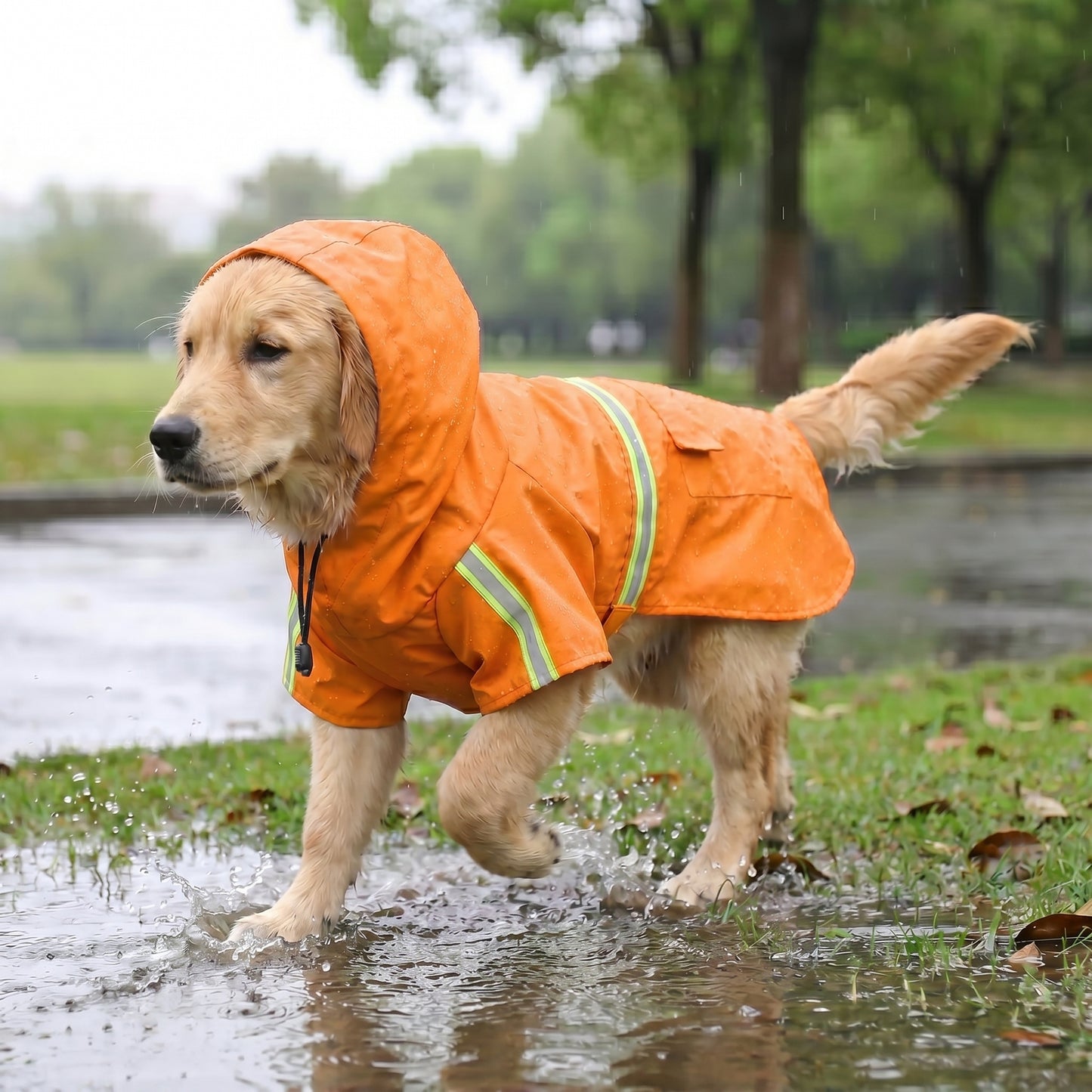 Golden Retriever wearing an orange waterproof dog raincoat with reflective strips, standing on wet grass.