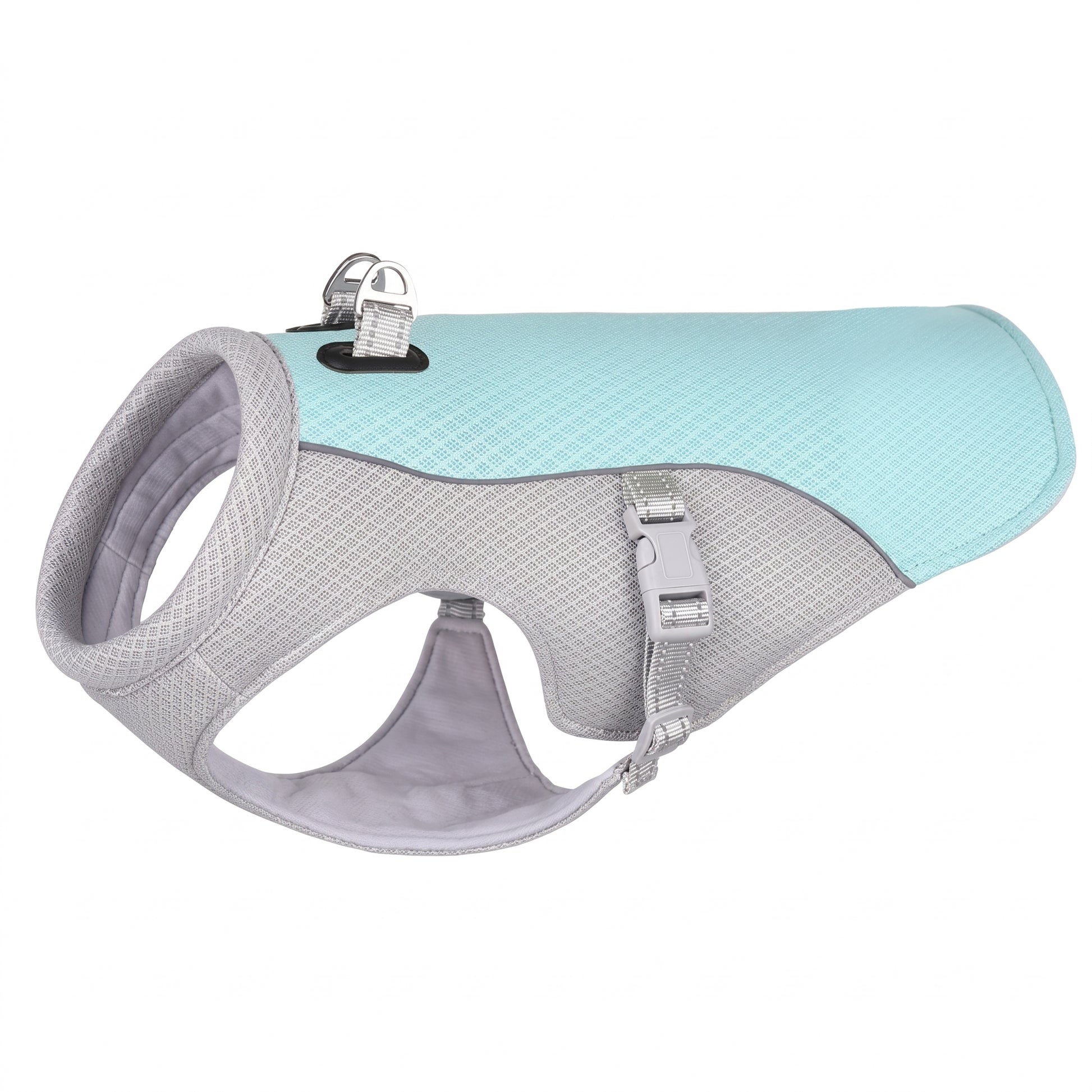 Arctic Breeze dog cooling vest in blue mesh and grey fabric, swamp cooler jacket with dual leash D-rings.