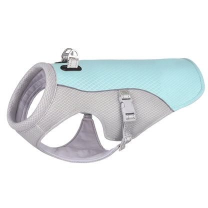 Arctic Breeze dog cooling vest in blue mesh and grey fabric, swamp cooler jacket with dual leash D-rings.