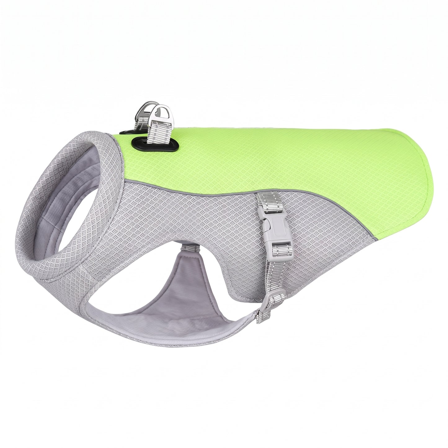 Arctic Breeze dog cooling vest in green mesh and grey fabric, swamp cooler jacket with dual leash D-rings.