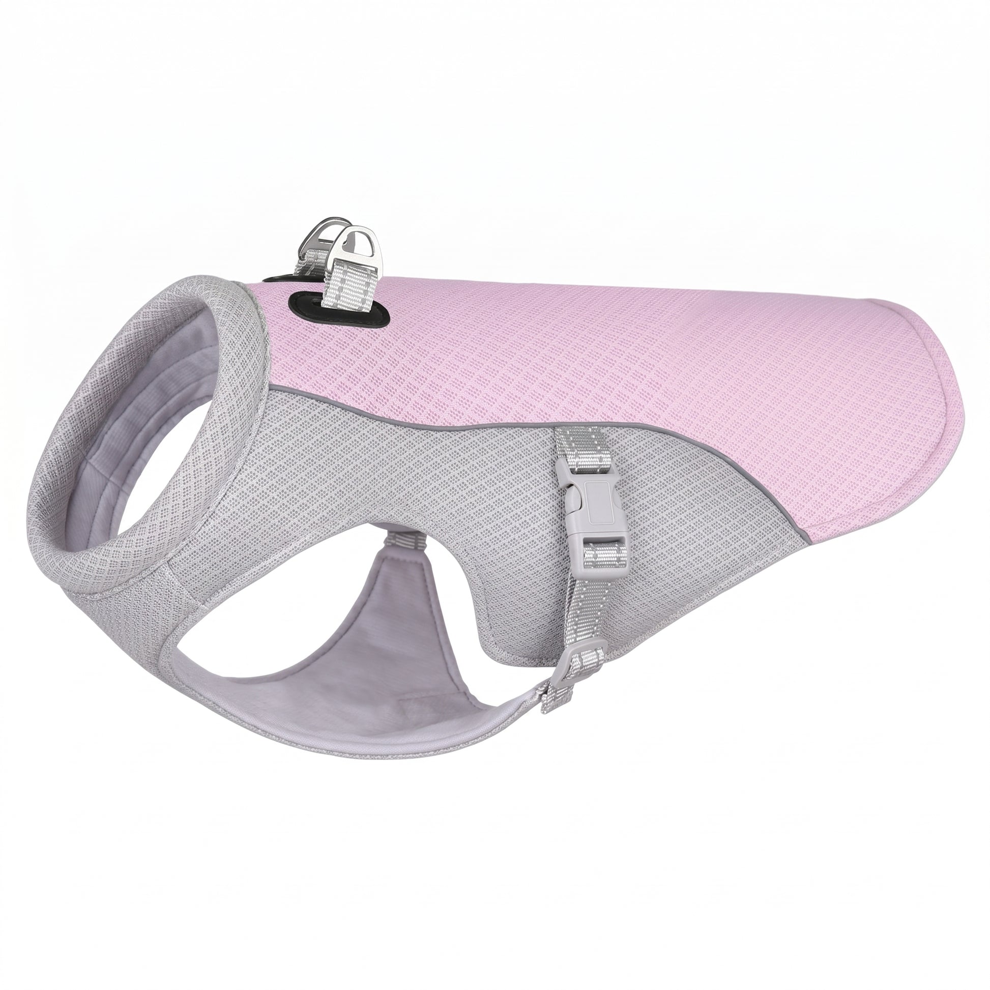 Arctic Breeze dog cooling vest in pink mesh and grey fabric, swamp cooler jacket with dual leash D-rings.