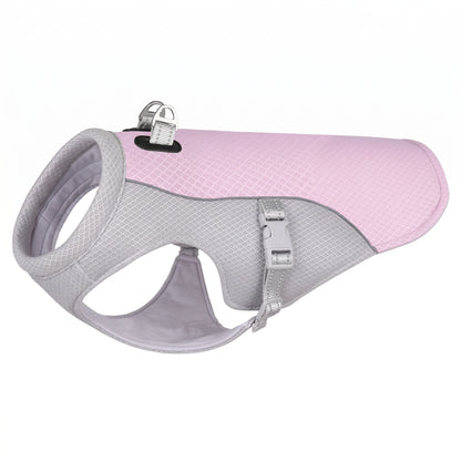Arctic Breeze dog cooling vest in pink mesh and grey fabric, swamp cooler jacket with dual leash D-rings.