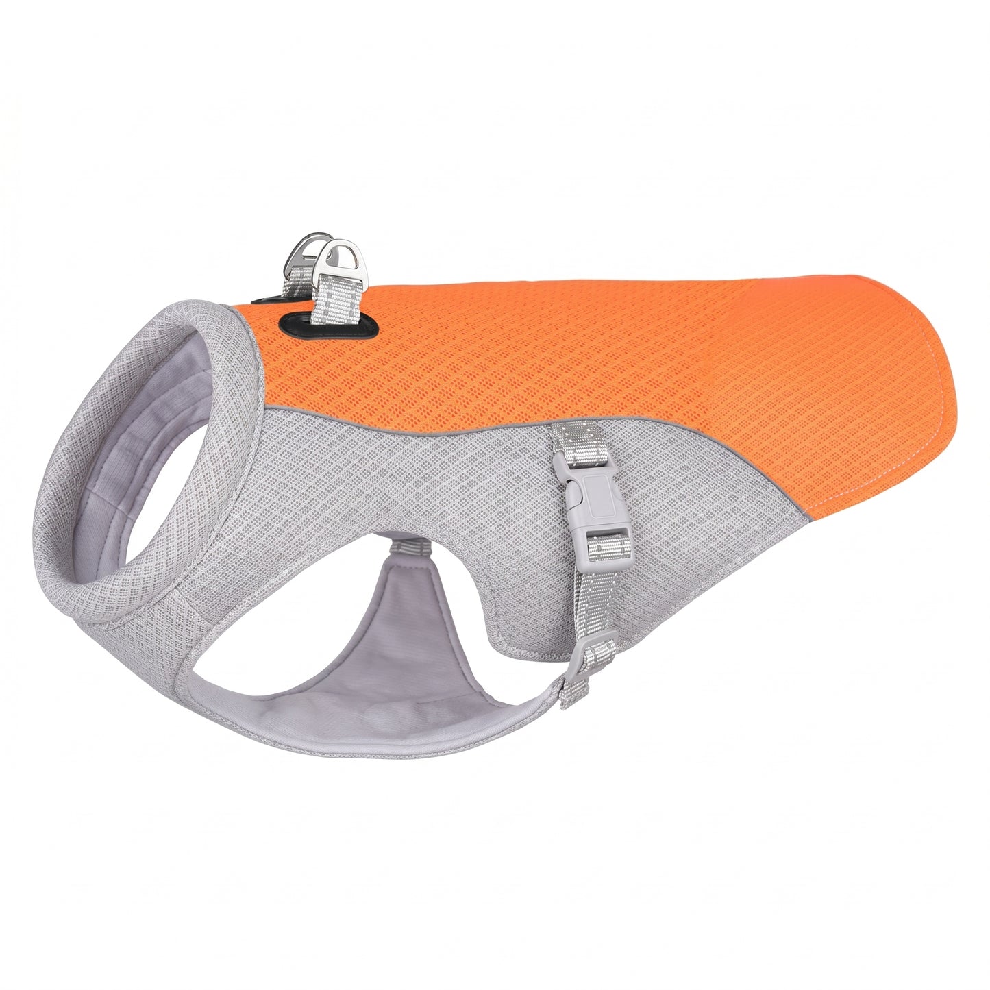 Arctic Breeze dog cooling vest in orange mesh and grey fabric, swamp cooler jacket with dual leash D-rings.