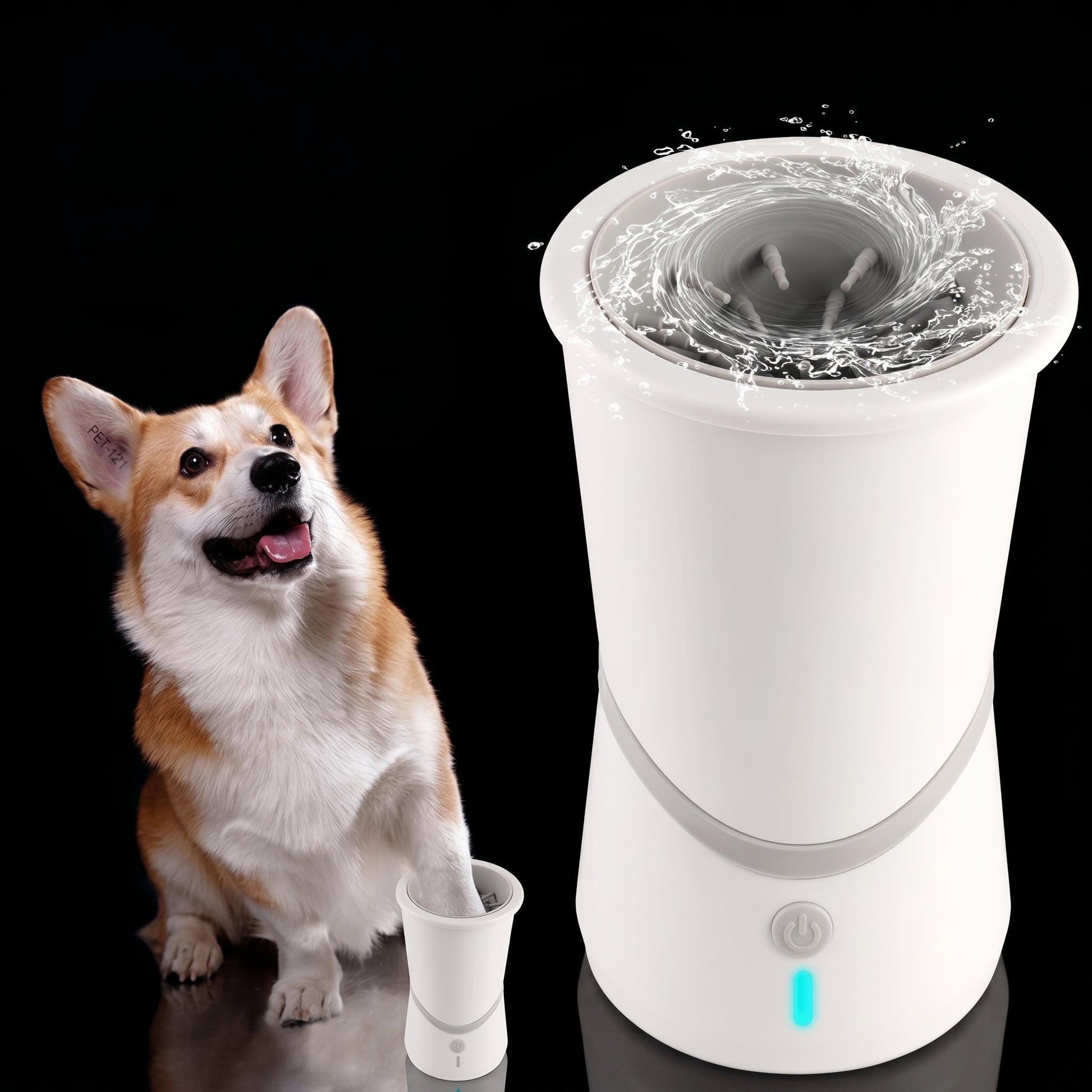 A dog with its paw being cleaned by a PawCleaner Pro device, showing the water swirling inside the device.