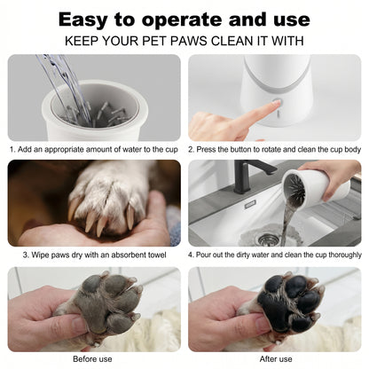 Instructional infographic showing four steps for operating the PawCleaner Pro to clean pet paws.